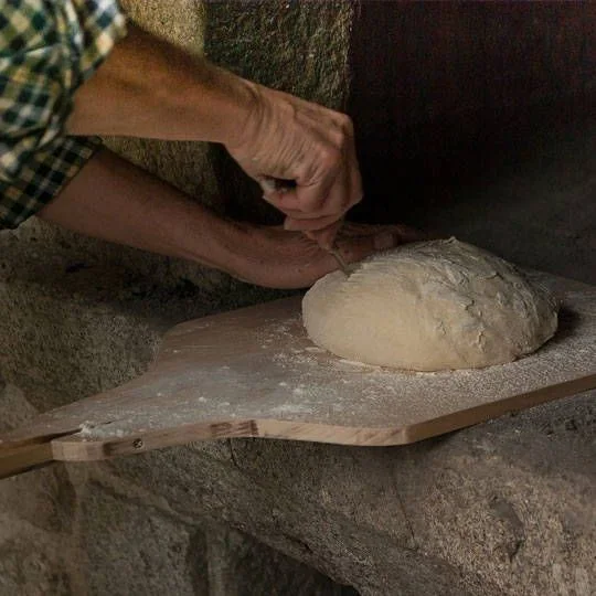 Manos amasando pan para el horno de leña